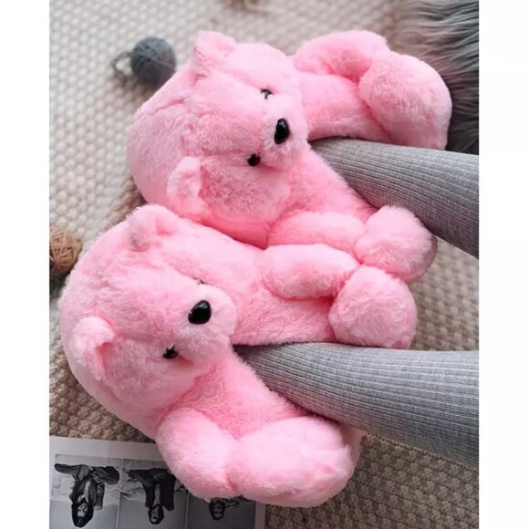 PINK TEDDY BEAR PLUSH SLIPPERS - Picture 4 of 10